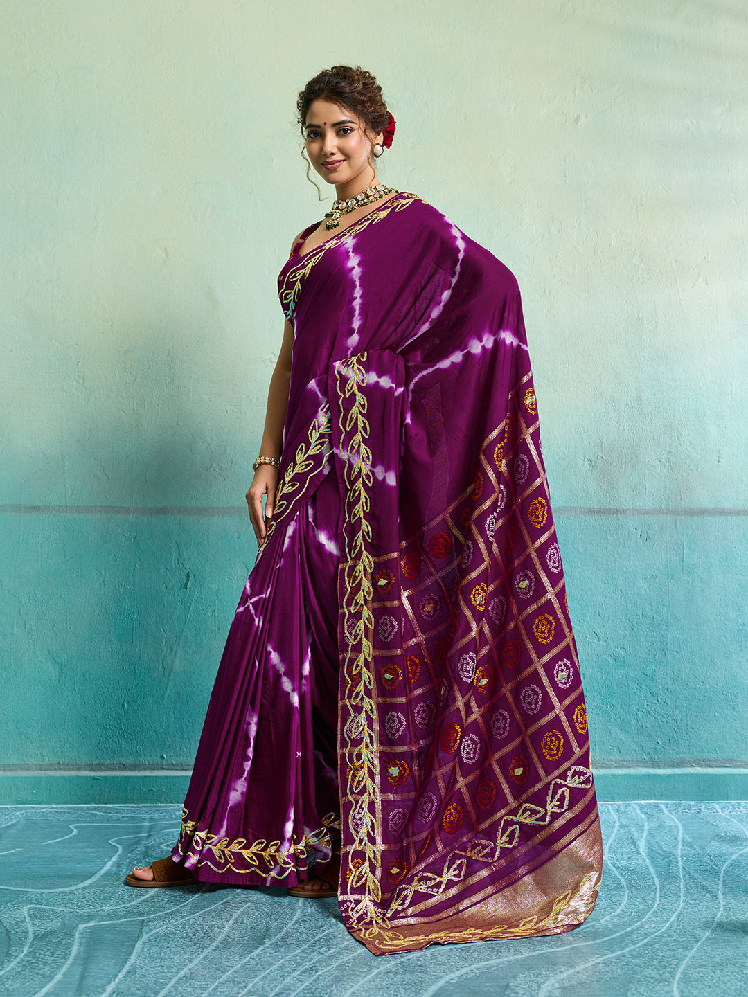 KcPc Beautiful Bandhani Style Dola Silk Saree with Gotapatti Work Saree GAN