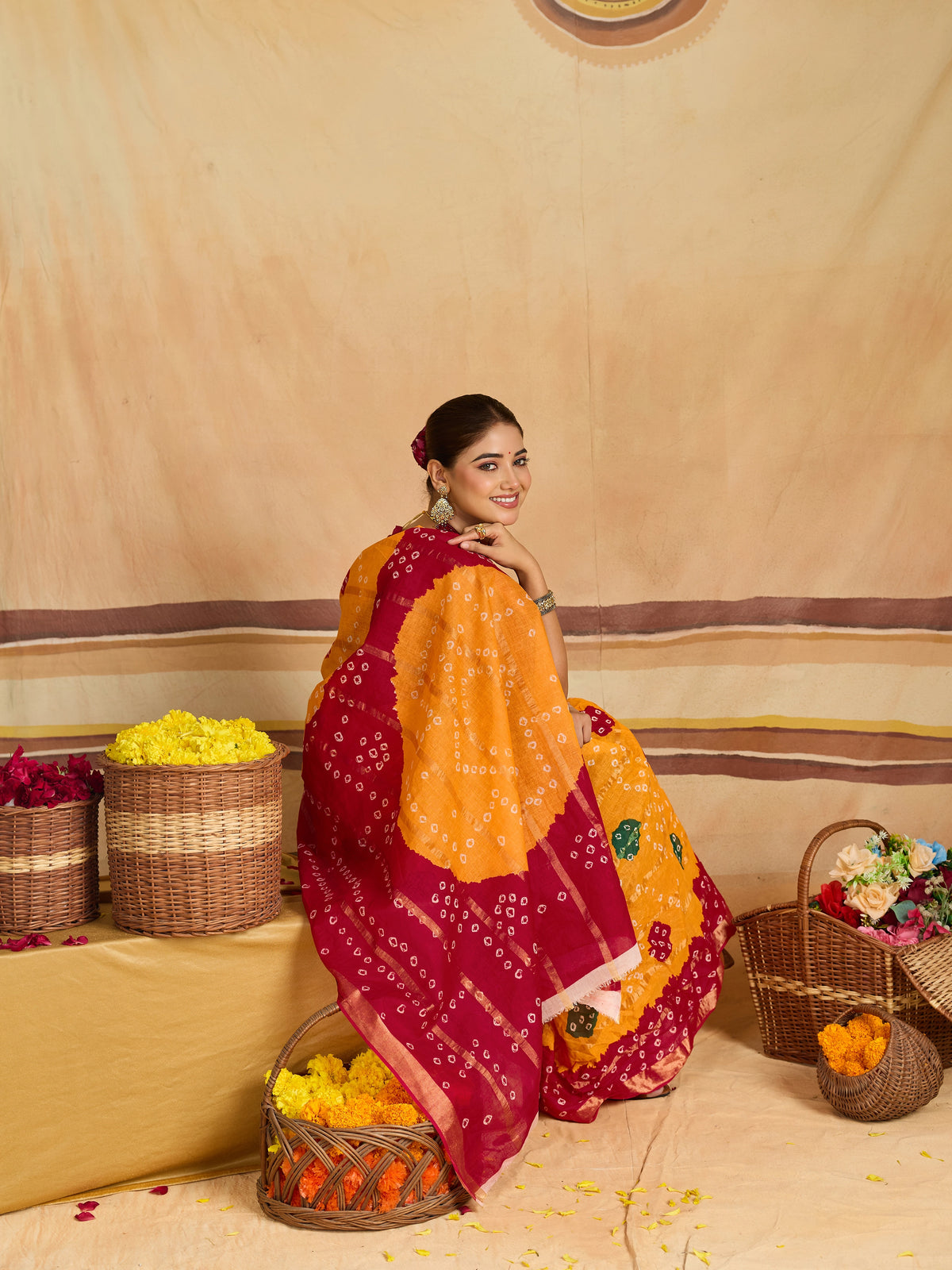 KcPc New Elegant Cotton Ghatchola Saree with Bikaneri Bandhej Work KC