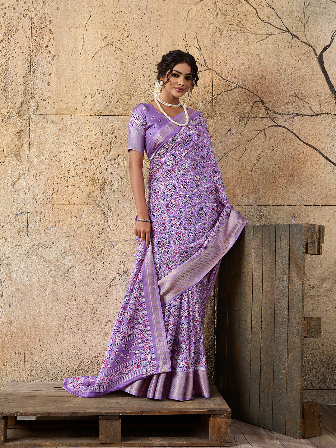 Cotton silk Ajrakh style Saree under 1000