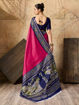 a pink and navy Silk Printed Style With Zari Border Work Saree