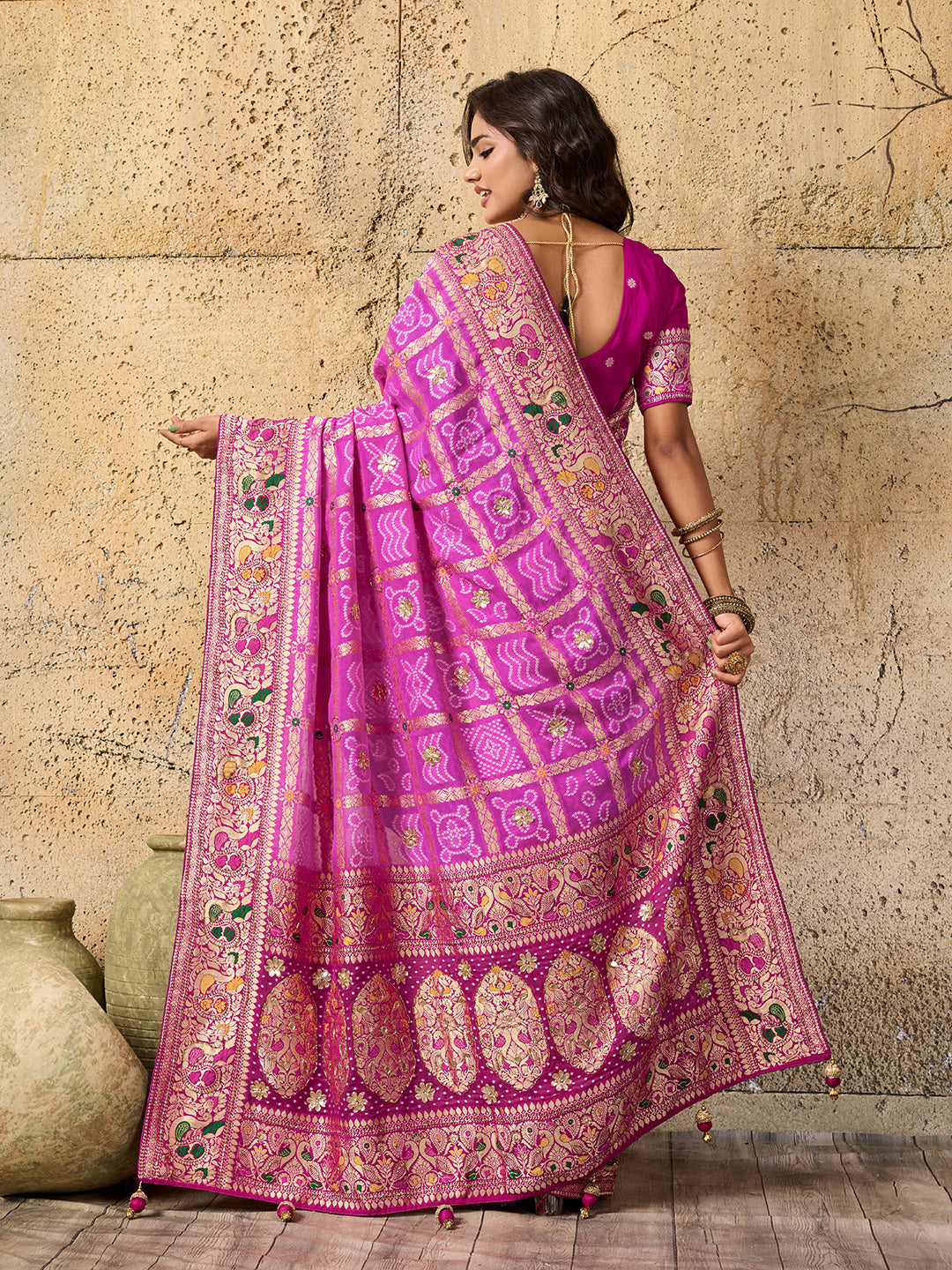 Georgette Gharchola Bandhej Cutdana Gotapatti Work Saree
