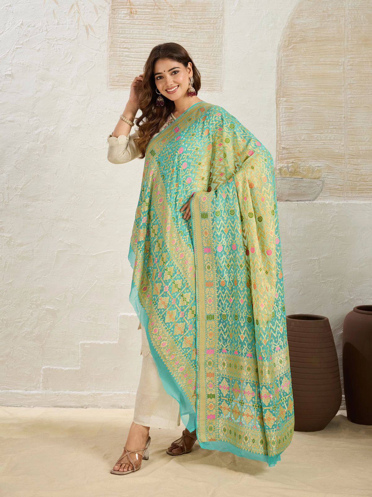 KcPc Pure Khaddi Georgette Meenakari Neemzari Bandhej Dupatta