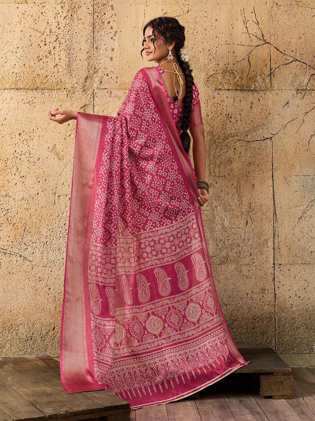 KcPc New Special Cotton silk Ajrakh style With Ajrakh HandPrint Work Saree STL