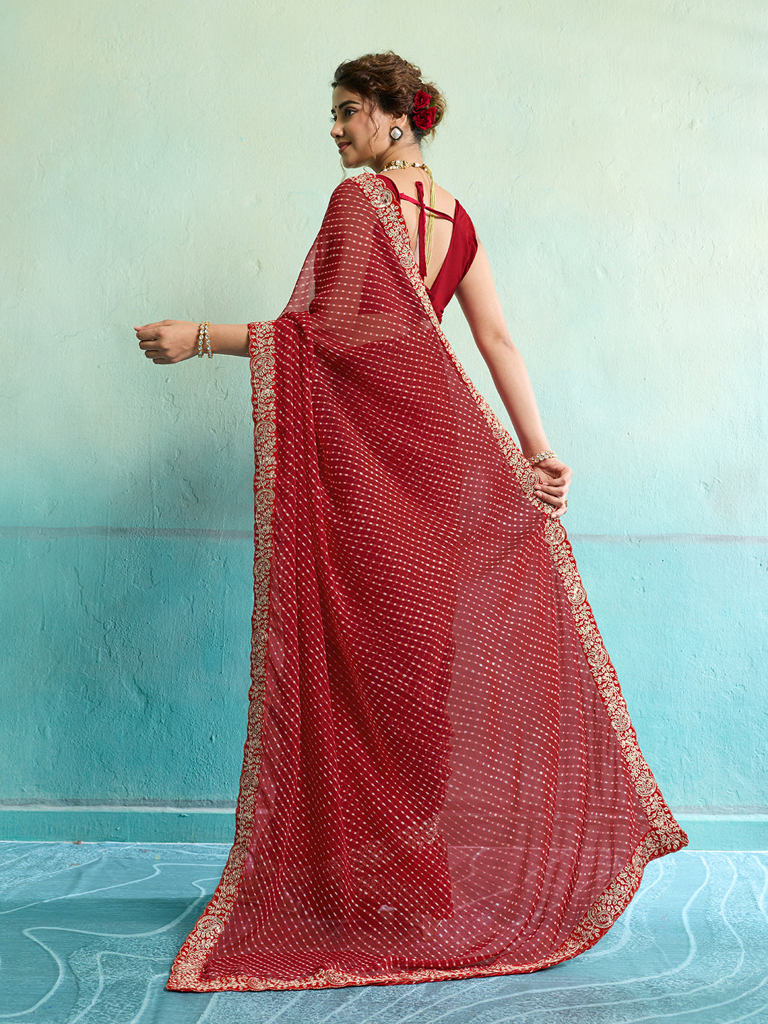 Buy New Spiceal Chiffon Leheriya Style With Embroidery Border Work Saree