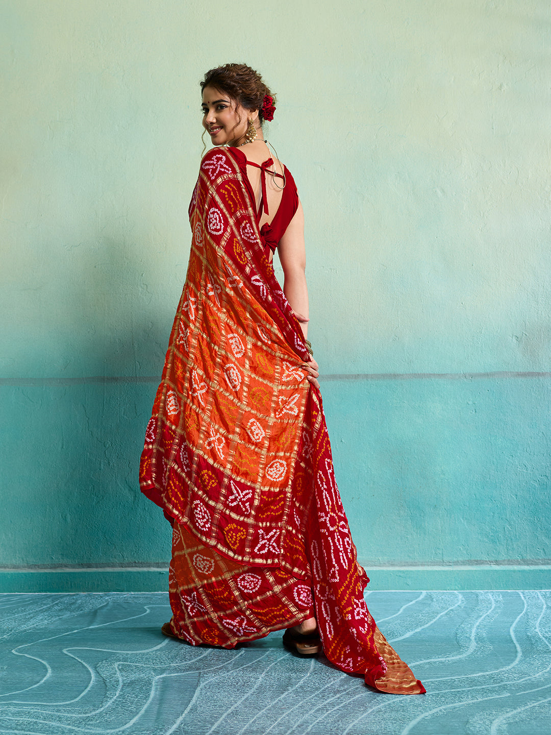 KcPc New Lounch Pure Gaji Silk Bandhani Ghatchola SareeOrange Red