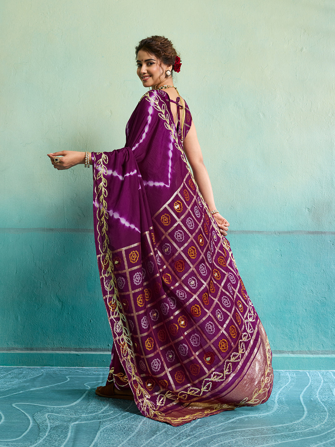 KcPc Beautiful Bandhani Style Dola Silk Saree with Gotapatti Work Saree GAN