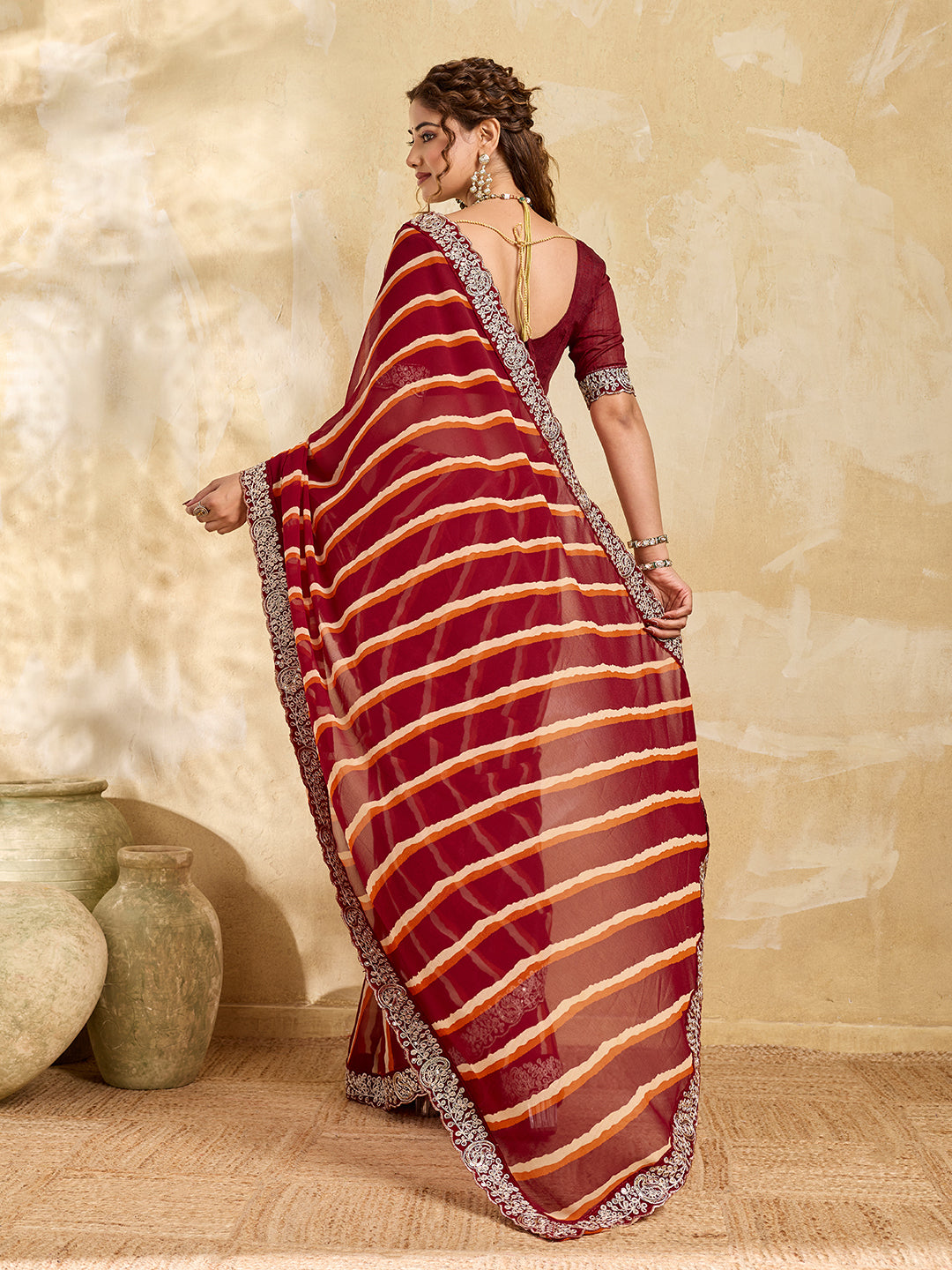 KcPc New Spiceal Chiffon Leheriya Style With Embroidery Border Work Saree STL