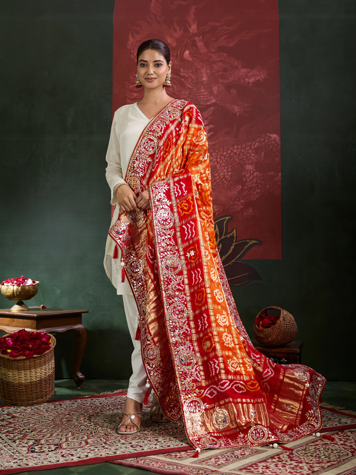 KcPc New Designer Pure Gaji Silk Banarasi Bandhej Ghatchola Gotapatti Work Dupatta AMT