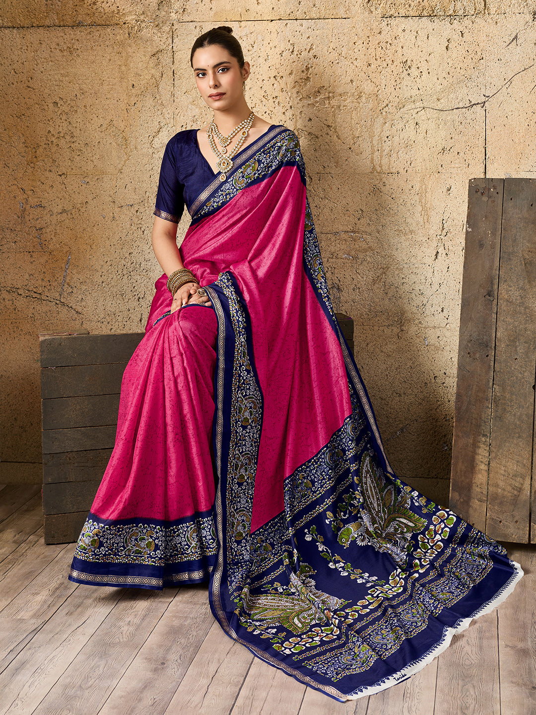 a pink and navy Silk Printed Style With Zari Border Work Saree