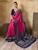 a pink and navy Silk Printed Style With Zari Border Work Saree