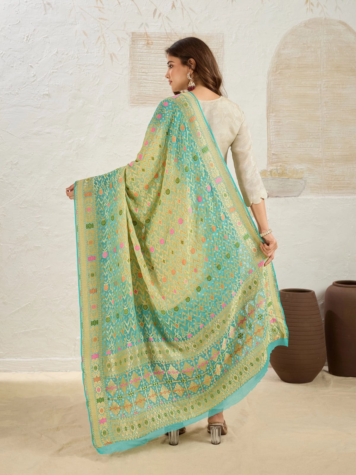 KcPc Pure Khaddi Georgette Meenakari Neemzari Bandhej Dupatta
