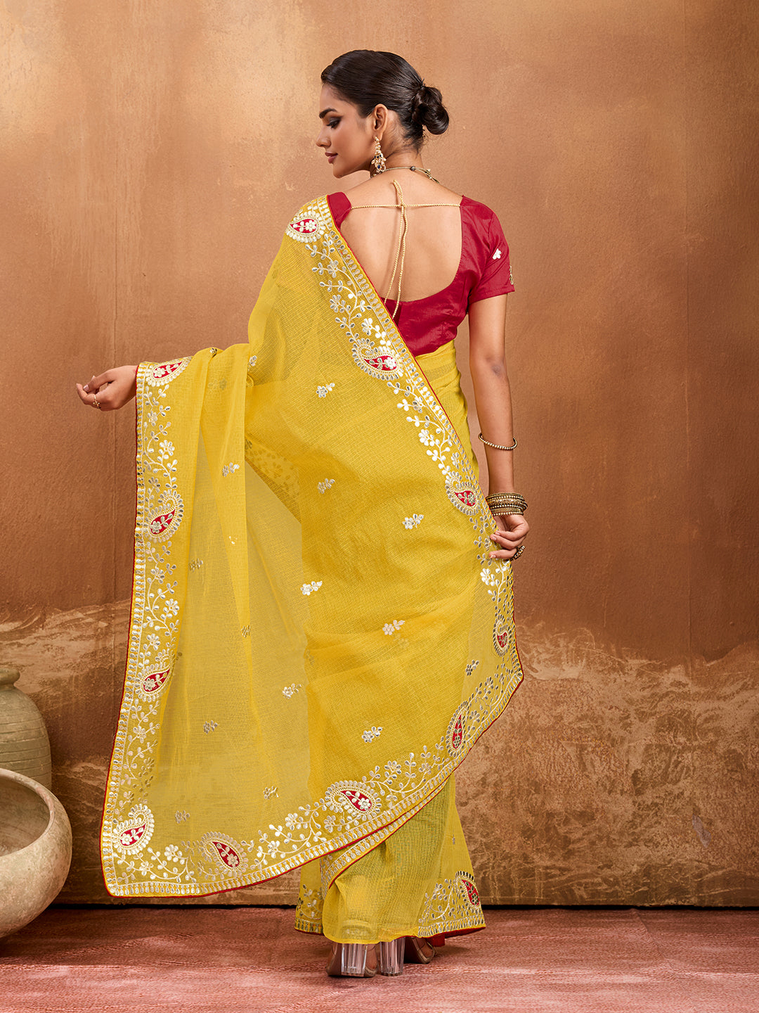 Bikaneri Kota Doria saree in yellow color