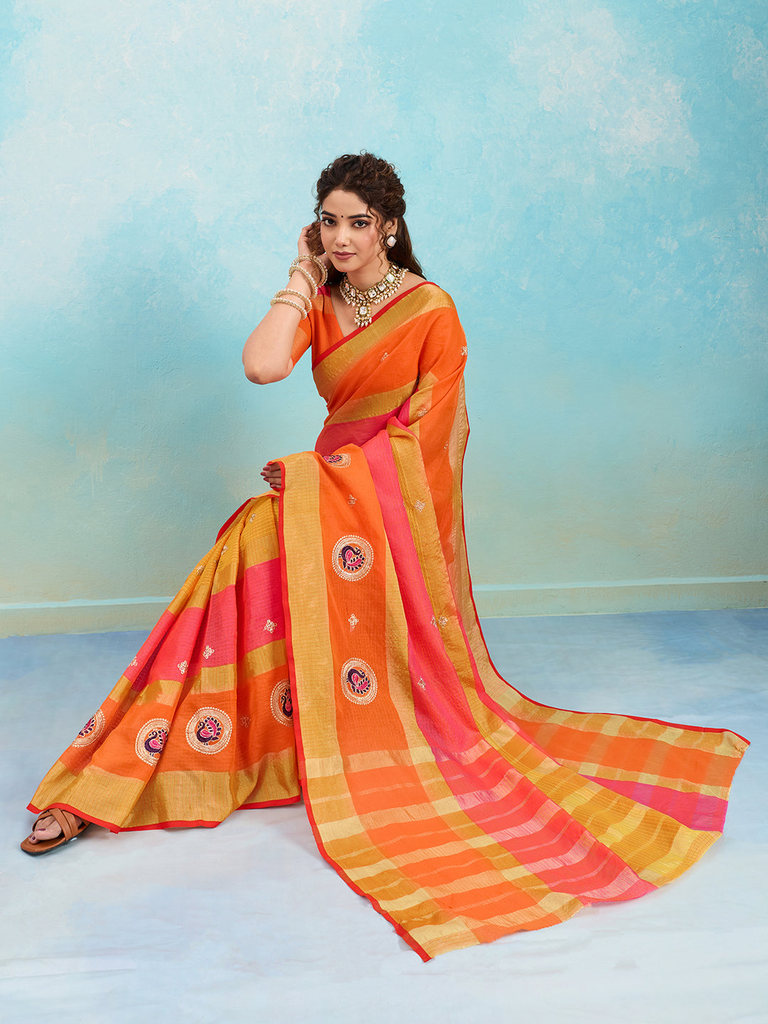 KcPc Pure Doria with zari design peacock design sareeRani OrangeSANA