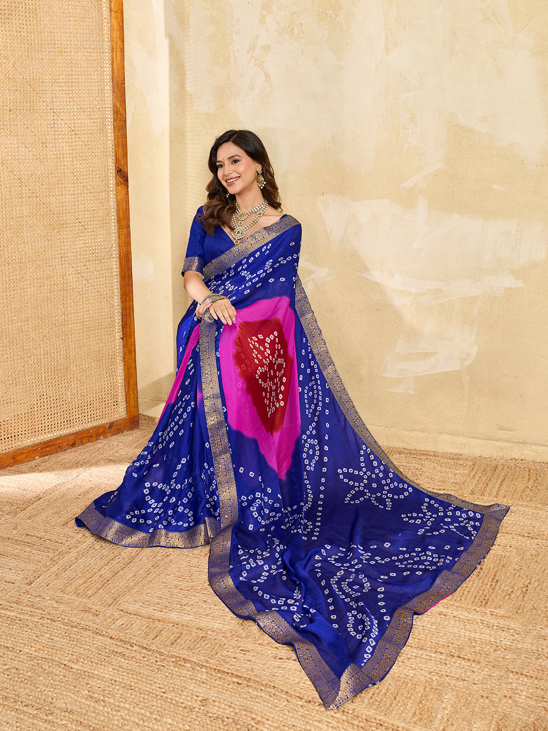 KcPc New Classic Bandhani Style Moss Chiffon Georgette Saree with Rich Zari Border KDN