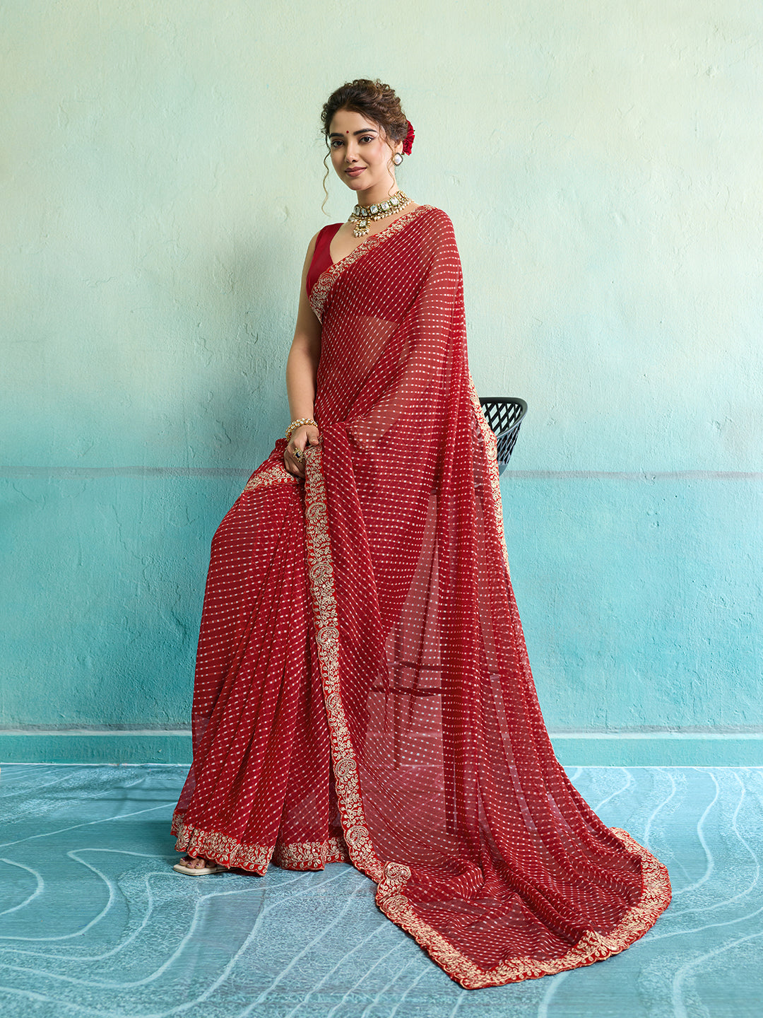 Buy New Spiceal Chiffon Leheriya Style With Embroidery Border Work Saree