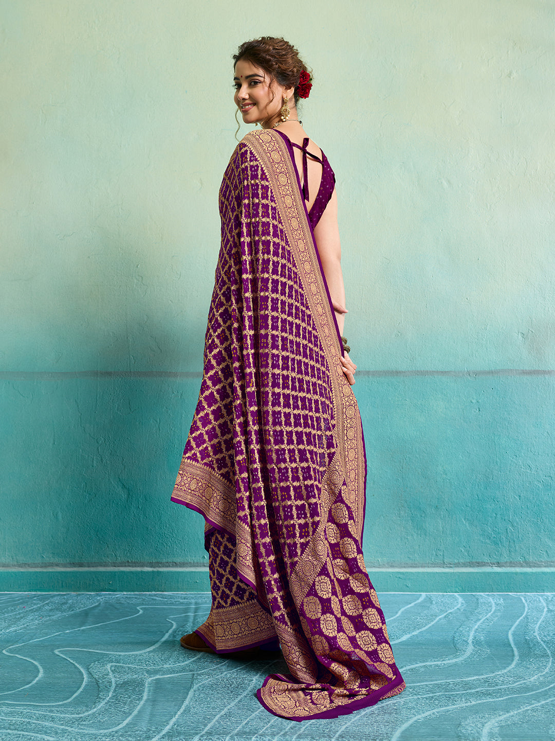 KcPc New Launch Pure Khaddi Georgette Upada Neemzari Bandhej Saree Purple D1