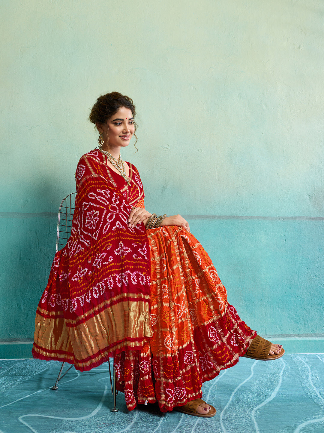 KcPc New Lounch Pure Gaji Silk Bandhani Ghatchola SareeOrange Red