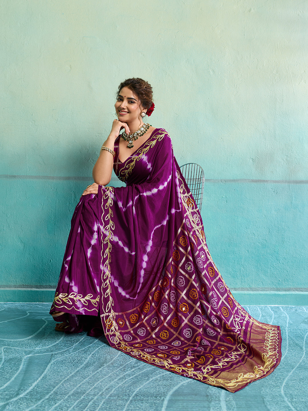 KcPc Beautiful Bandhani Style Dola Silk Saree with Gotapatti Work Saree GAN