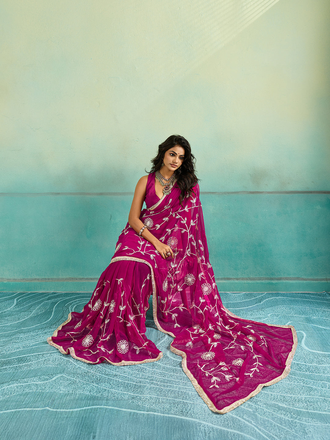KcPc New Traditional Royal Chiffon Saree with Elegant Gota Patti Work SNL