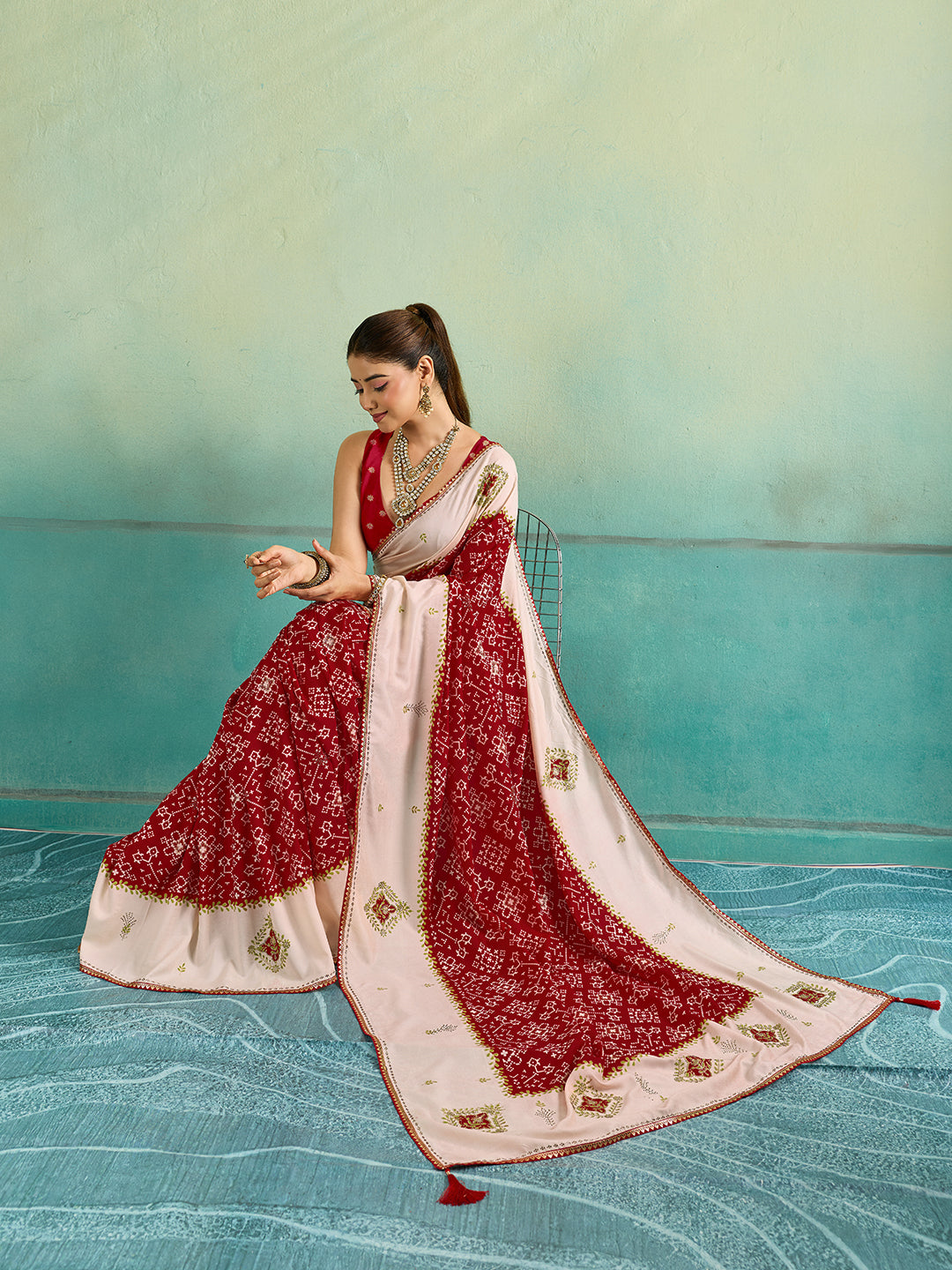 KcPc New Ajrakh Style Creap Silk Saree with Stone Work Saree STR