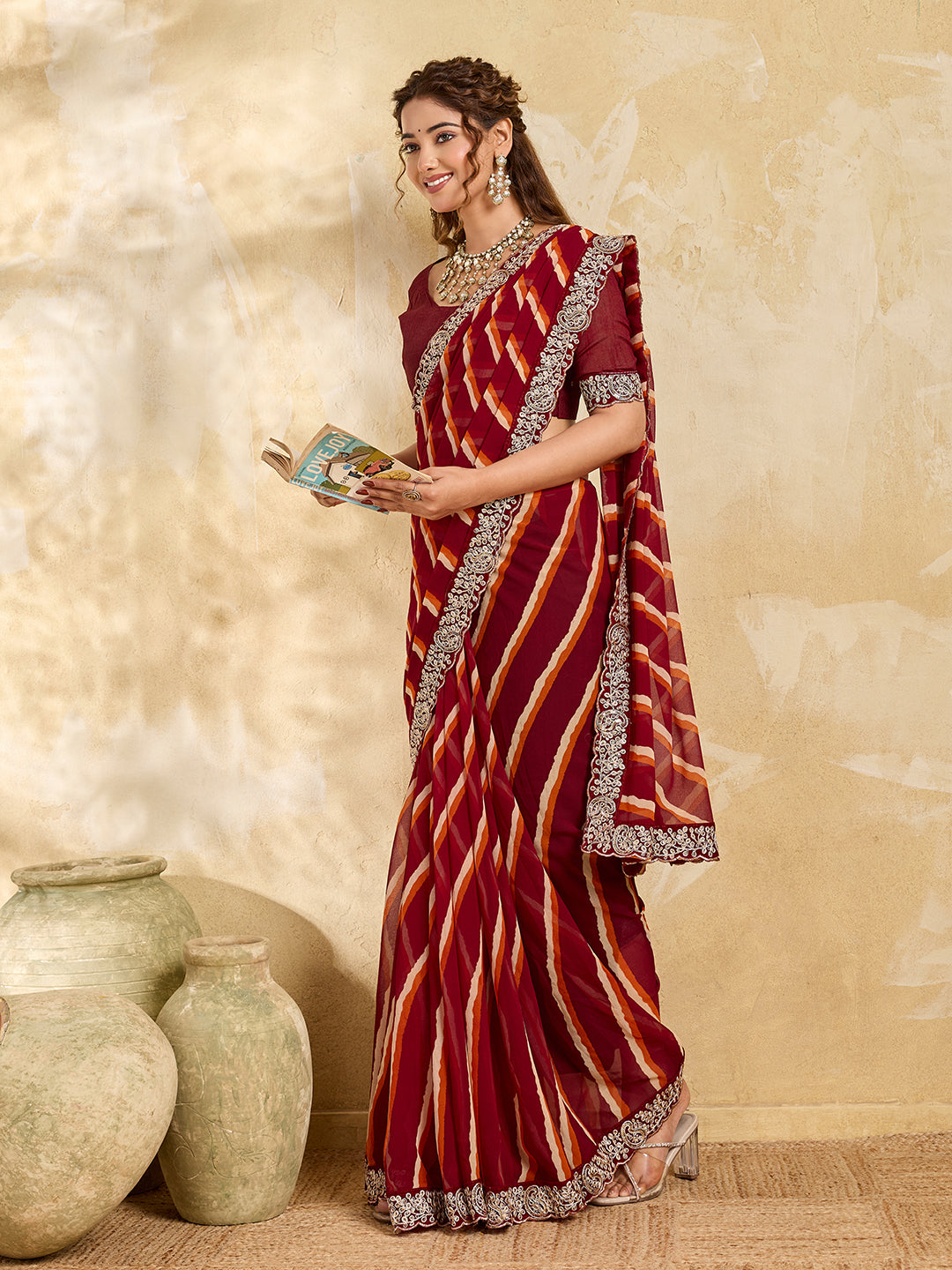 KcPc New Spiceal Chiffon Leheriya Style With Embroidery Border Work Saree STL
