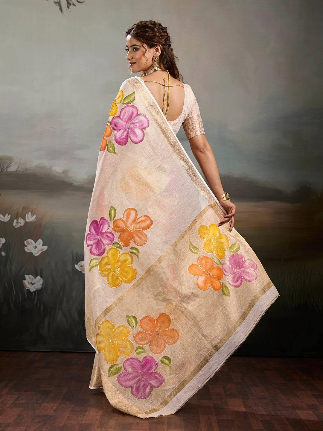 KcPc Premium Tissue Foil Print Saree with Matching Blouse Piece SWA