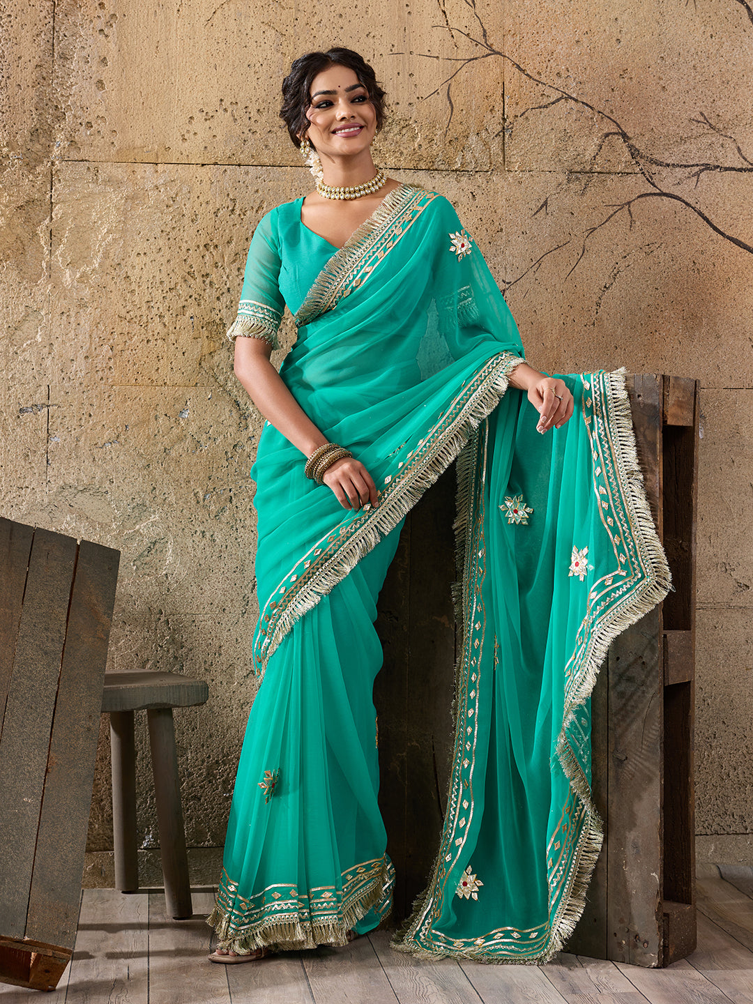 Buy Georgette Kacha Gotapatti Saree kcpc