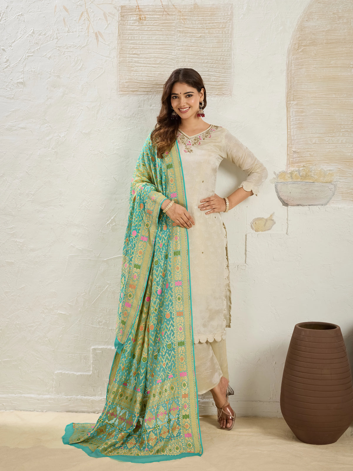 KcPc Pure Khaddi Georgette Meenakari Neemzari Bandhej Dupatta