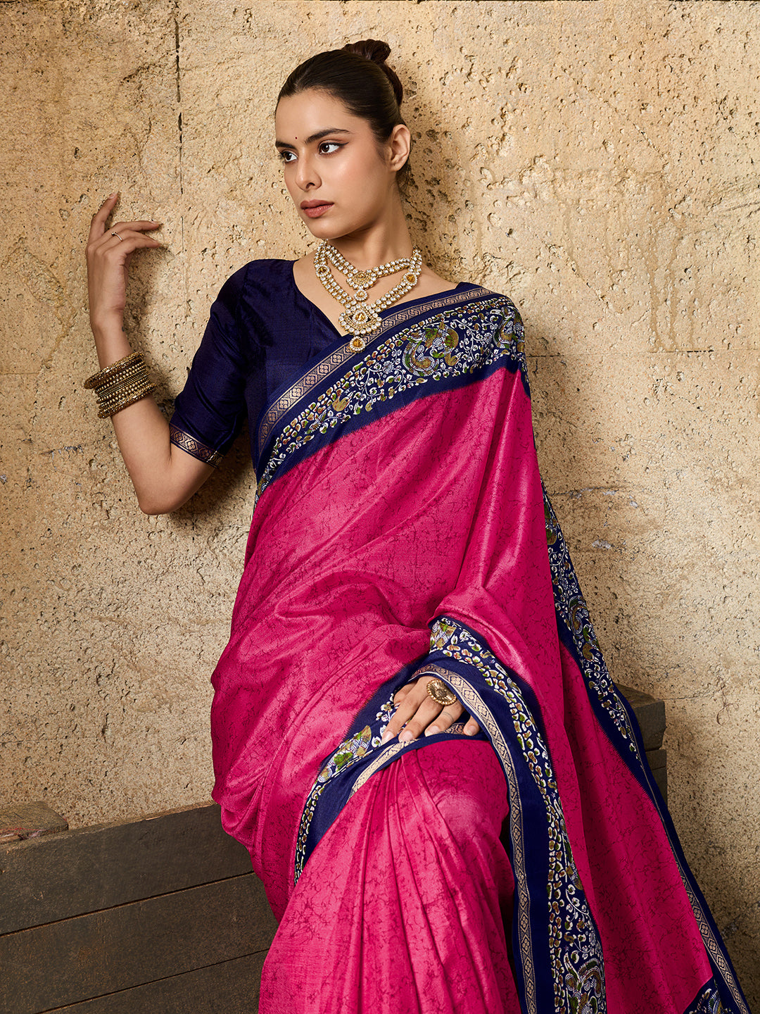 a pink and navy Silk Printed Style With Zari Border Work Saree