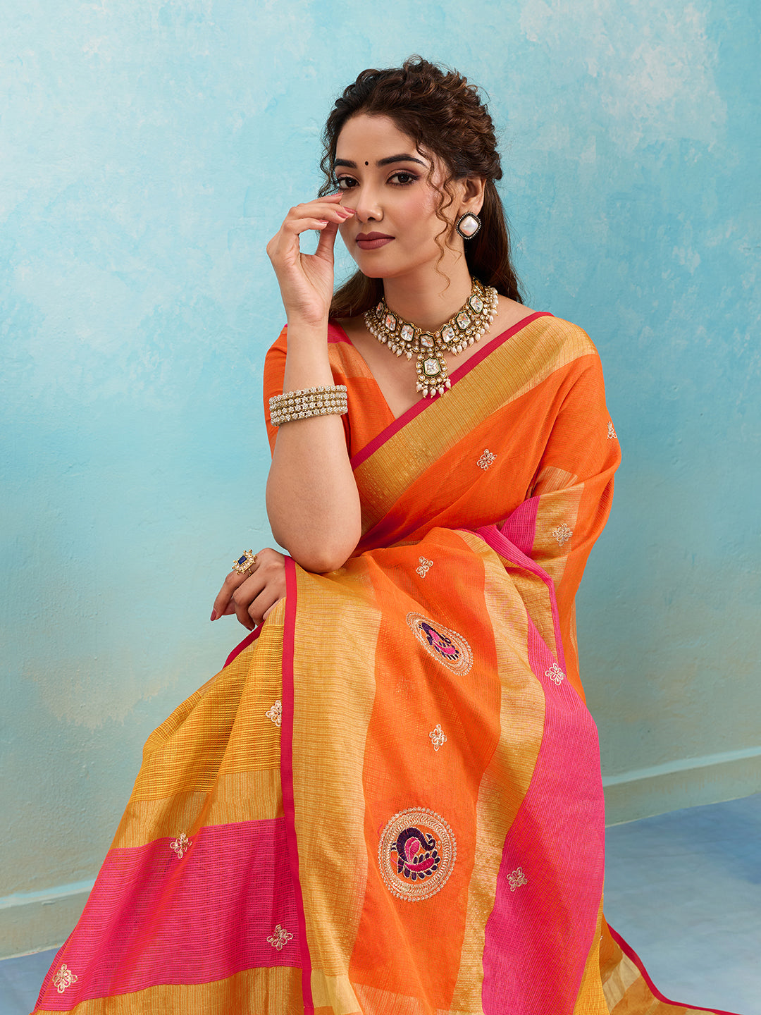 KcPc Pure Doria with zari design peacock design sareeRani OrangeSANA
