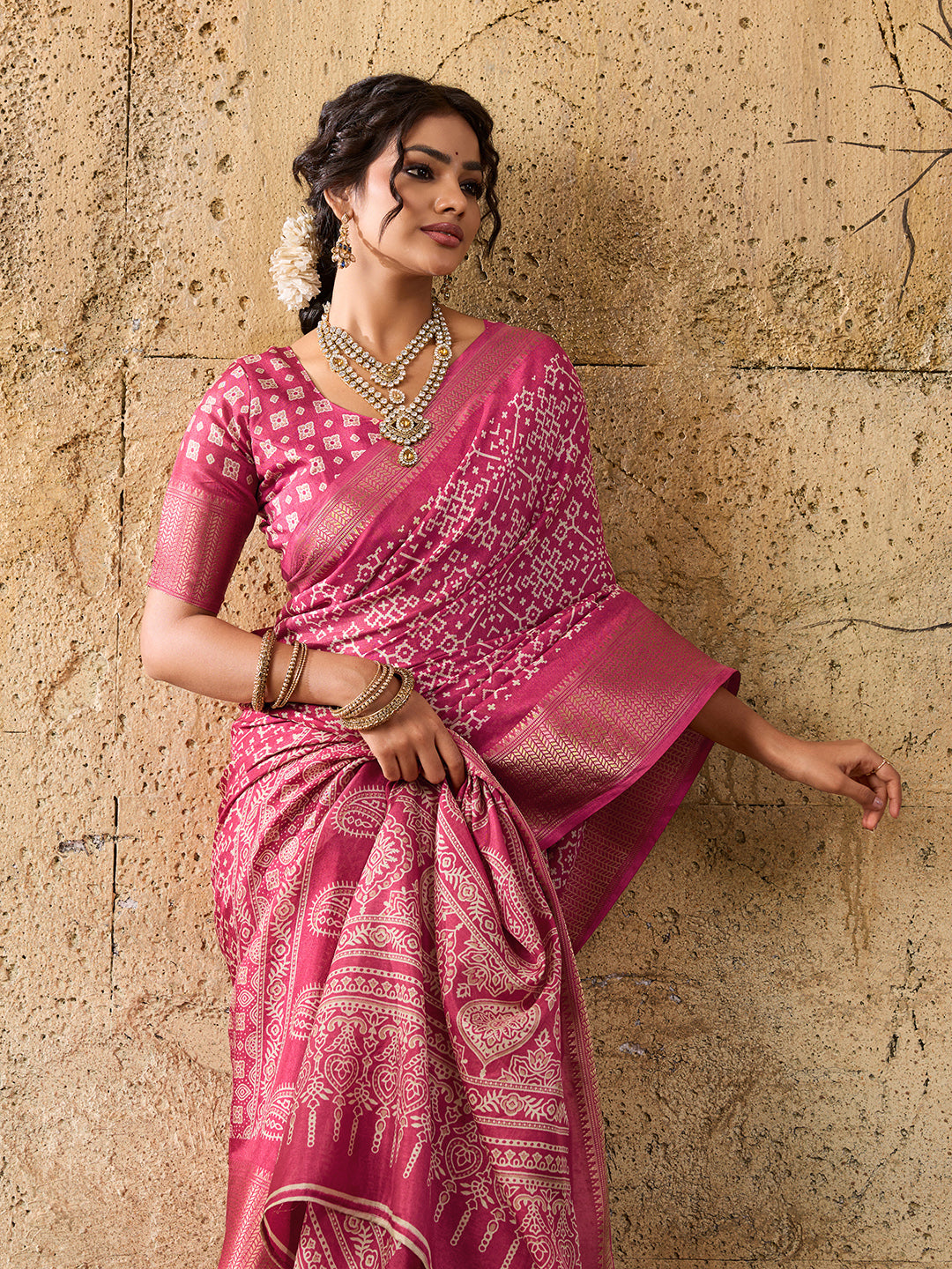 KcPc New Special Cotton silk Ajrakh style With Ajrakh HandPrint Work Saree STL