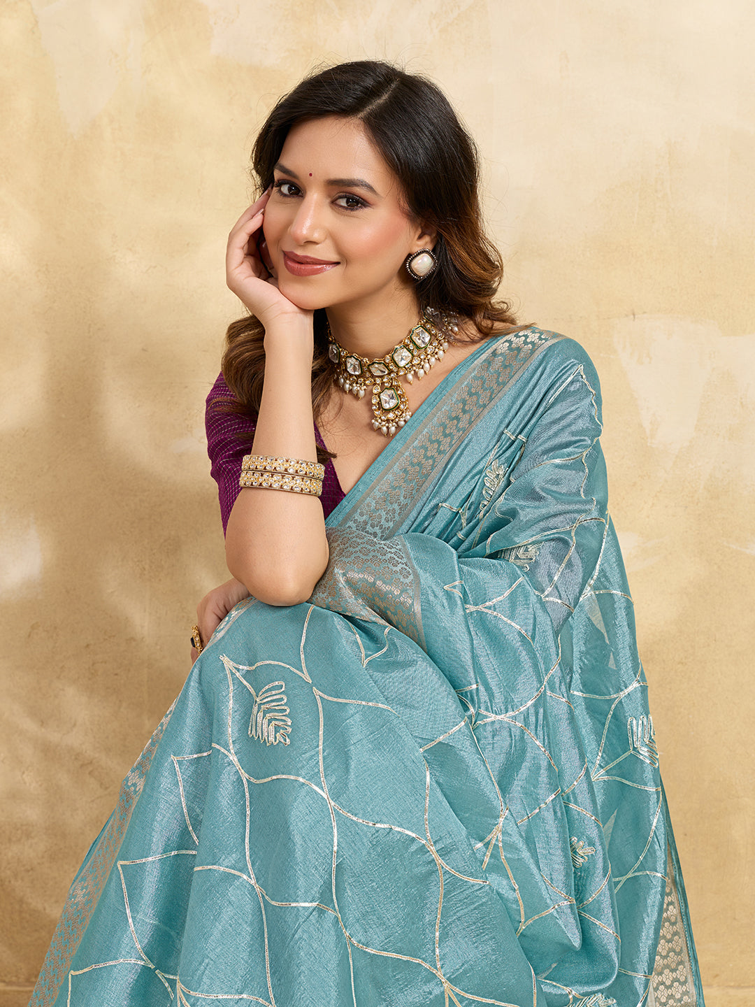 Cotton Silk Gotapatti Work Saree sky blue colour under 1000