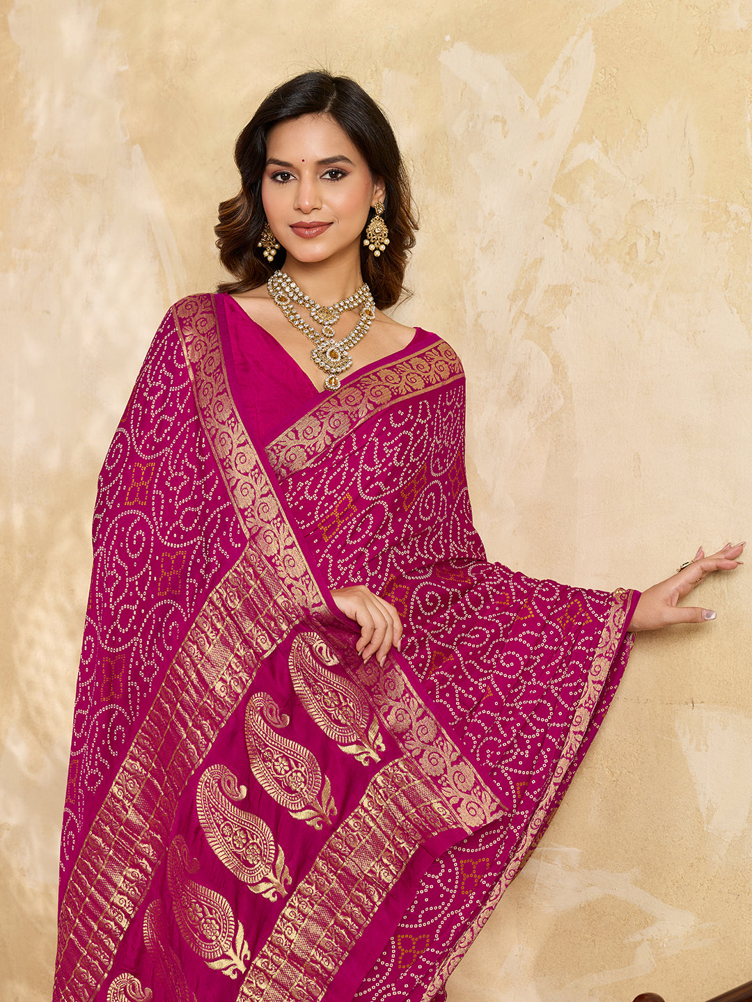 KcPc New Gaji Silk Bandhani Saree with Zari Border WorkSATISH