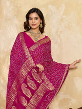 KcPc New Gaji Silk Bandhani Saree with Zari Border WorkSATISH