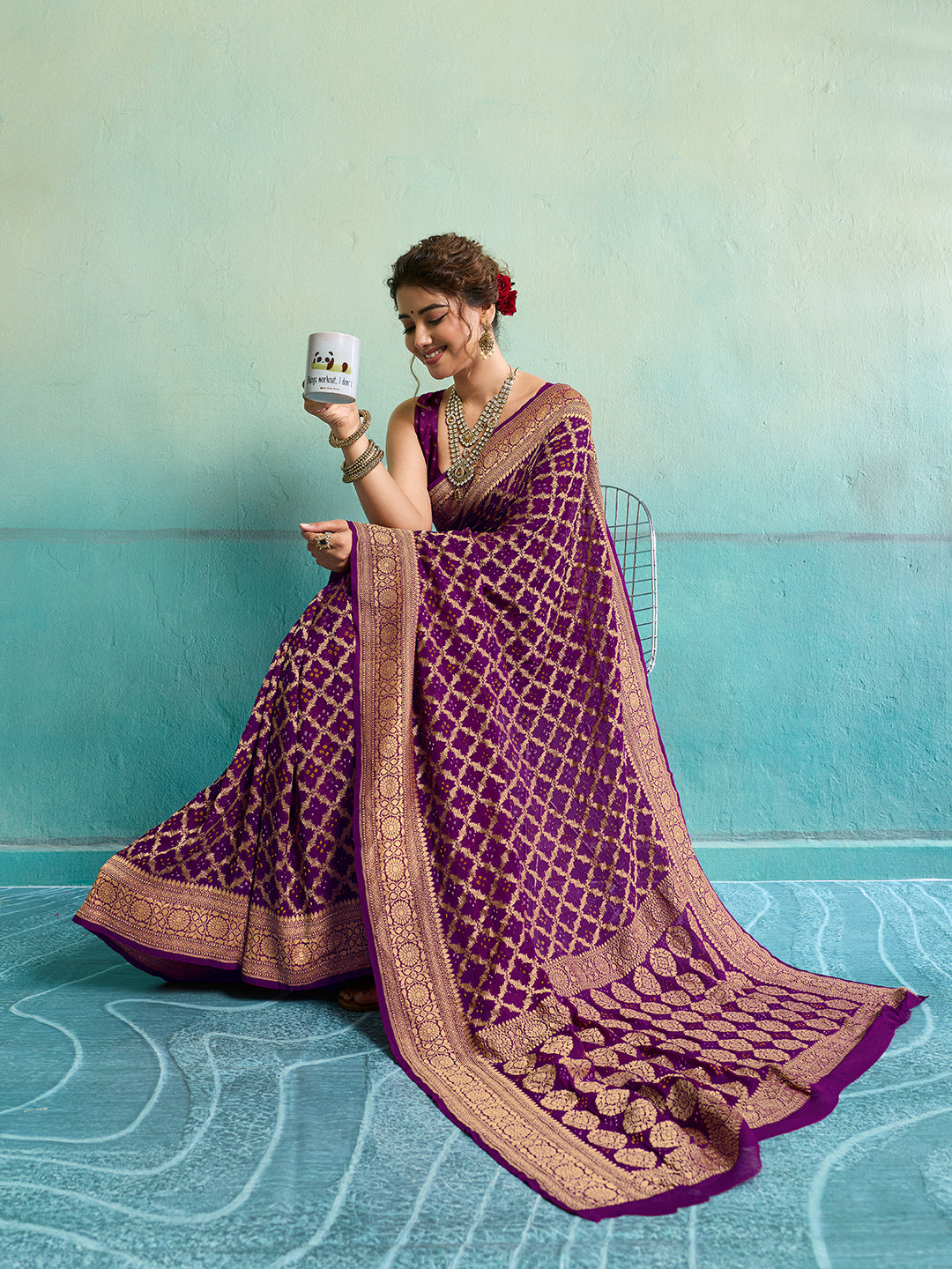 KcPc New Launch Pure Khaddi Georgette Upada Neemzari Bandhej Saree Purple D1