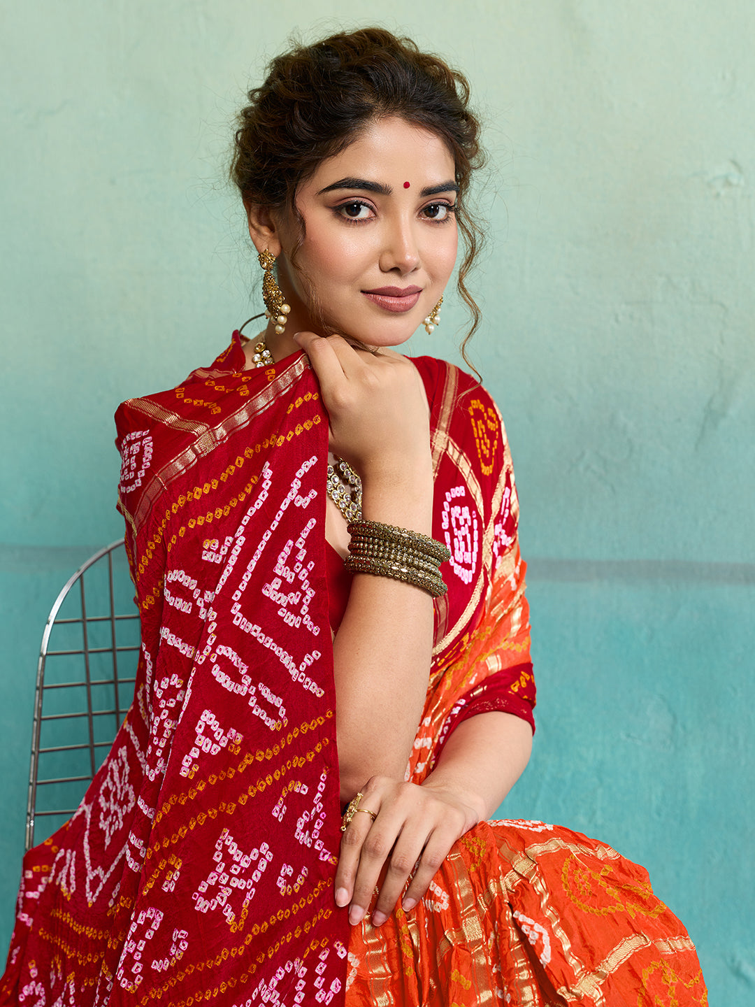 KcPc New Lounch Pure Gaji Silk Bandhani Ghatchola SareeOrange Red