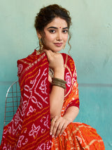KcPc New Lounch Pure Gaji Silk Bandhani Ghatchola SareeOrange Red