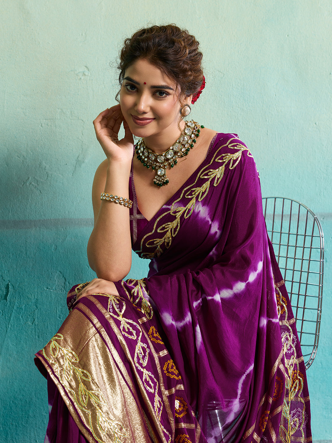 KcPc Beautiful Bandhani Style Dola Silk Saree with Gotapatti Work Saree GAN