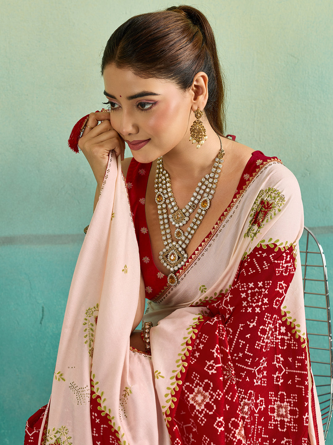 KcPc New Ajrakh Style Creap Silk Saree with Stone Work Saree STR