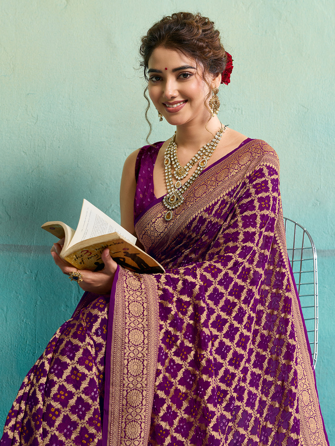 KcPc New Launch Pure Khaddi Georgette Upada Neemzari Bandhej Saree Purple D1