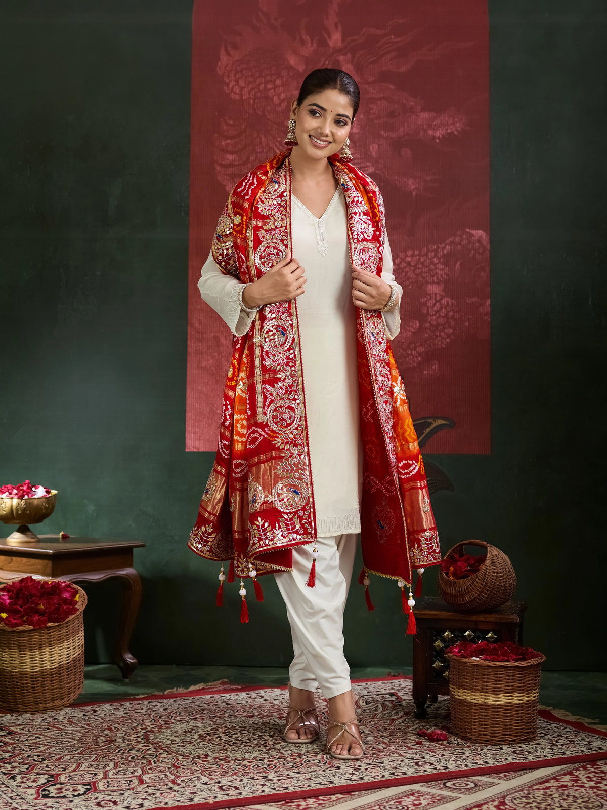 KcPc New Designer Pure Gaji Silk Banarasi Bandhej Ghatchola Gotapatti Work Dupatta AMT