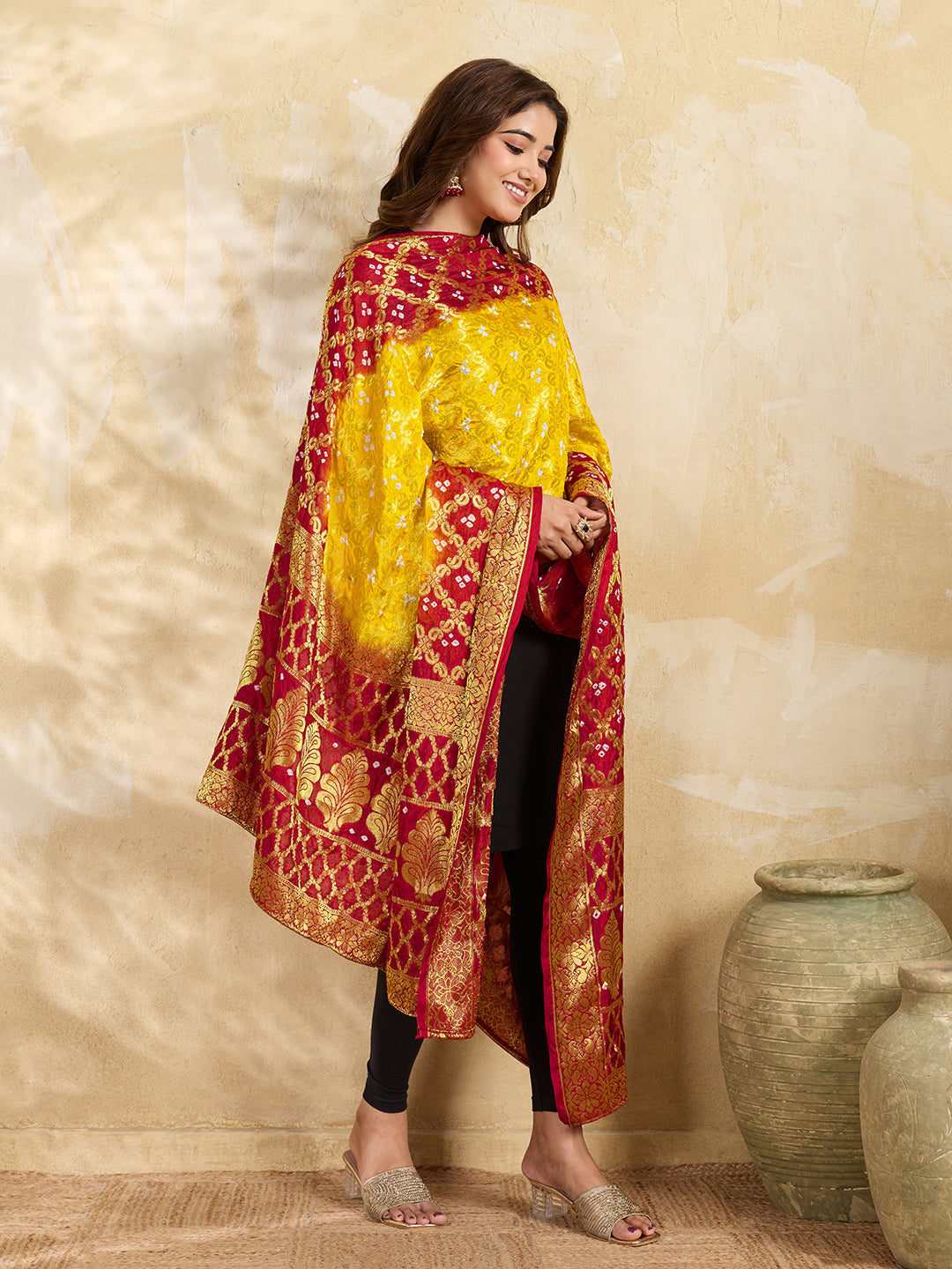 KcPc Premium Jacquard Silk Bandhani Dupatta with Traditional Handmade Detailing