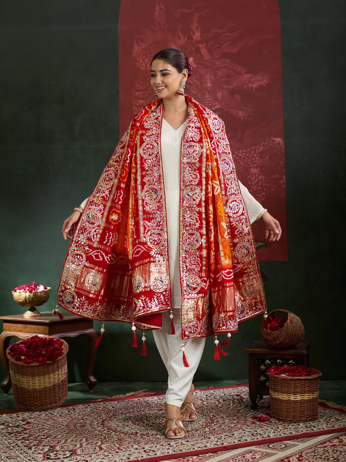 KcPc New Designer Pure Gaji Silk Banarasi Bandhej Ghatchola Gotapatti Work Dupatta AMT
