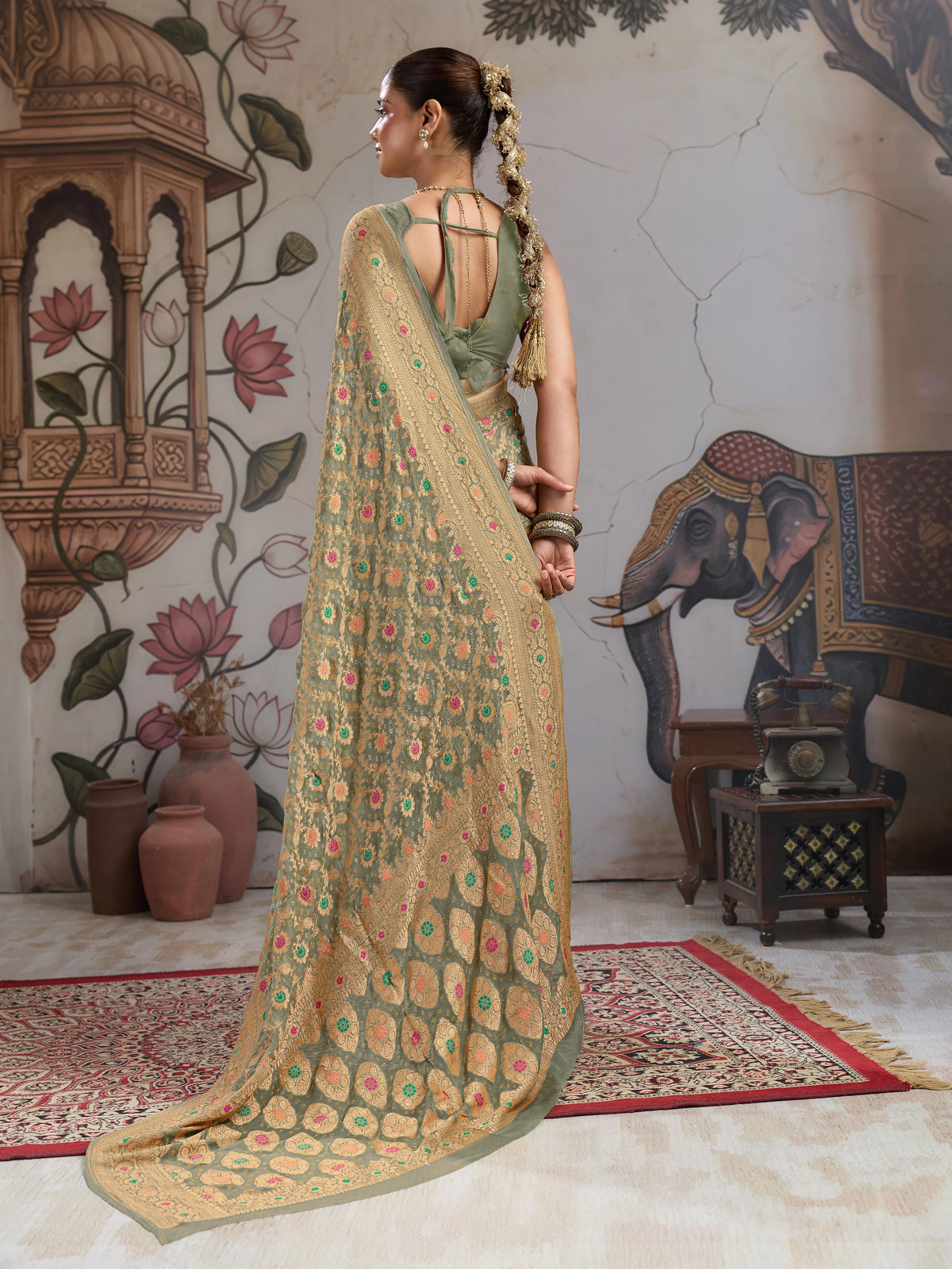 KcPc Traditional Royal Meenakari Pure Khaddi Georgette Saree for Women