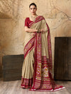 a red and beigeSilk Printed Style With Zari Border Work Saree