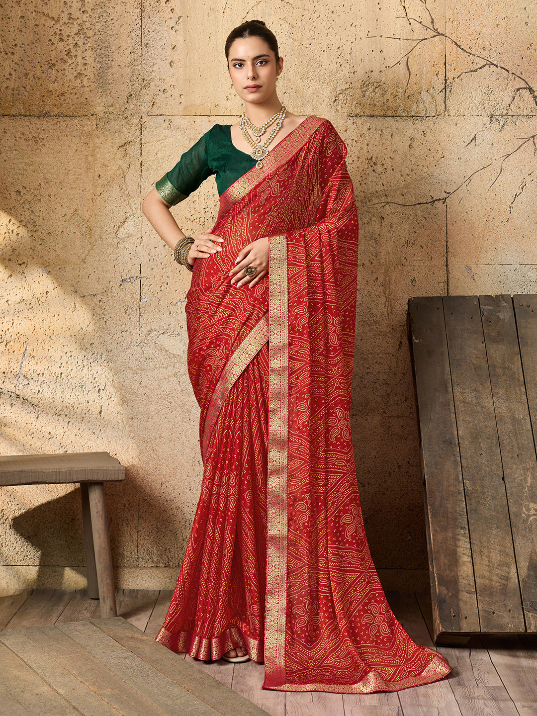 chiffon saree in bandhani style under 500