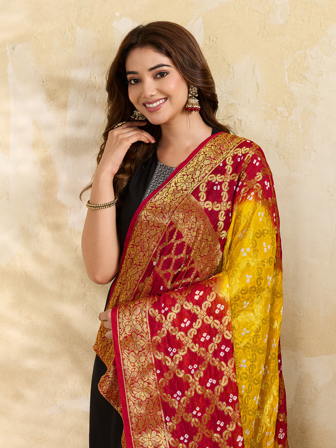 KcPc Premium Jacquard Silk Bandhani Dupatta with Traditional Handmade Detailing