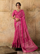 KcPc New Cotton silk Ajrakh style With Ajrakh HandPrint Work Saree STL