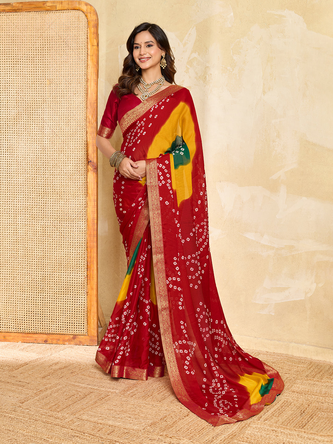KcPc New Moss Chiffon Georgette Bandhani Style Saree with Zari Border KDN