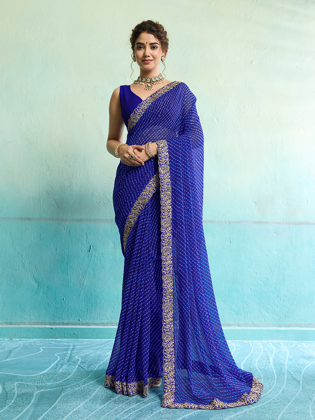 Buy New Spiceal Chiffon Leheriya Style With Embroidery Border Work Saree